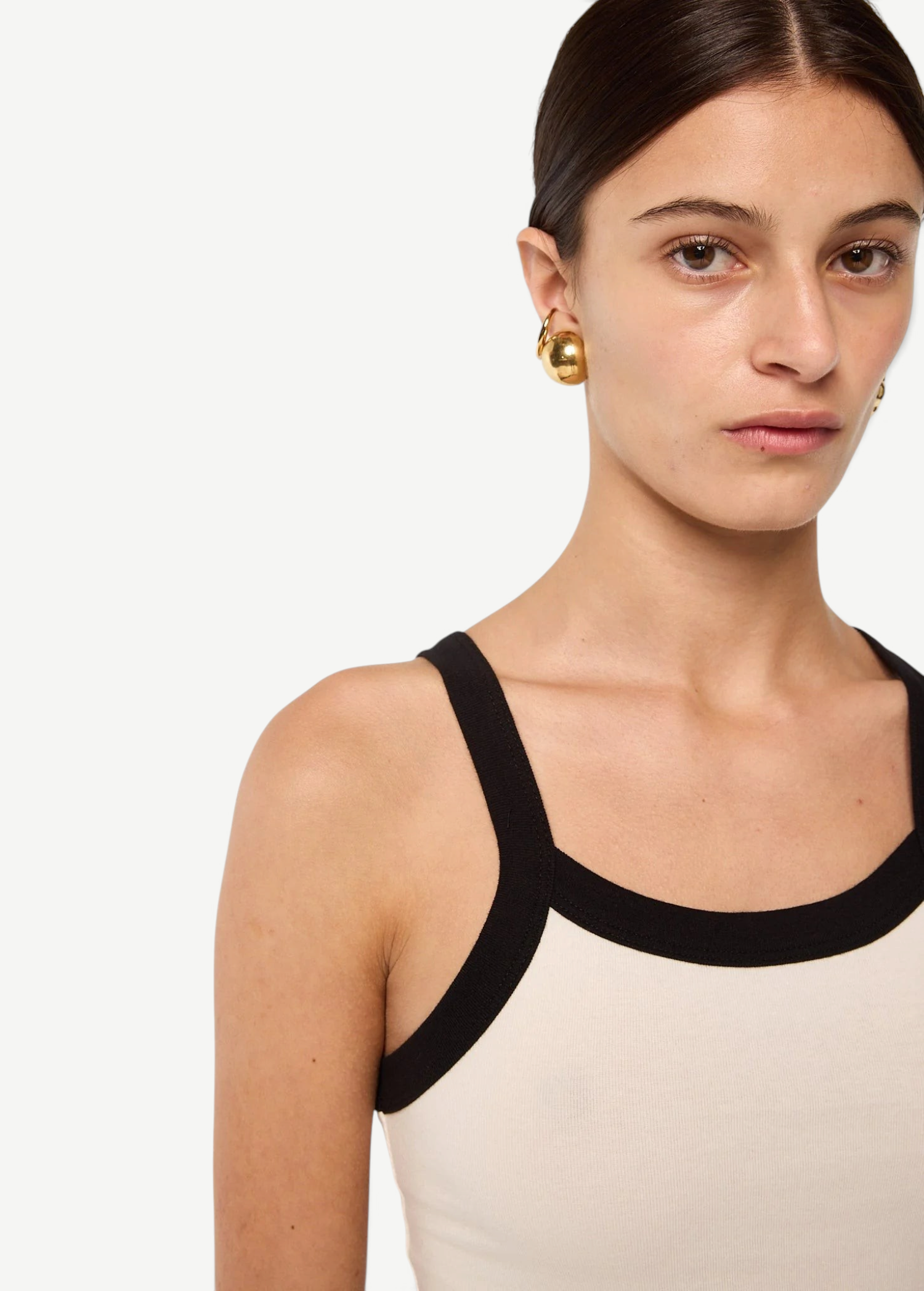 KABE SHOP INC Tovi tank top in beige stretch cotton rib with black bonded straps and a low neckline