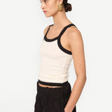 KABE SHOP INC Tovi tank top in cream stretch cotton rib with black trim, thick straps, and a curved hem
