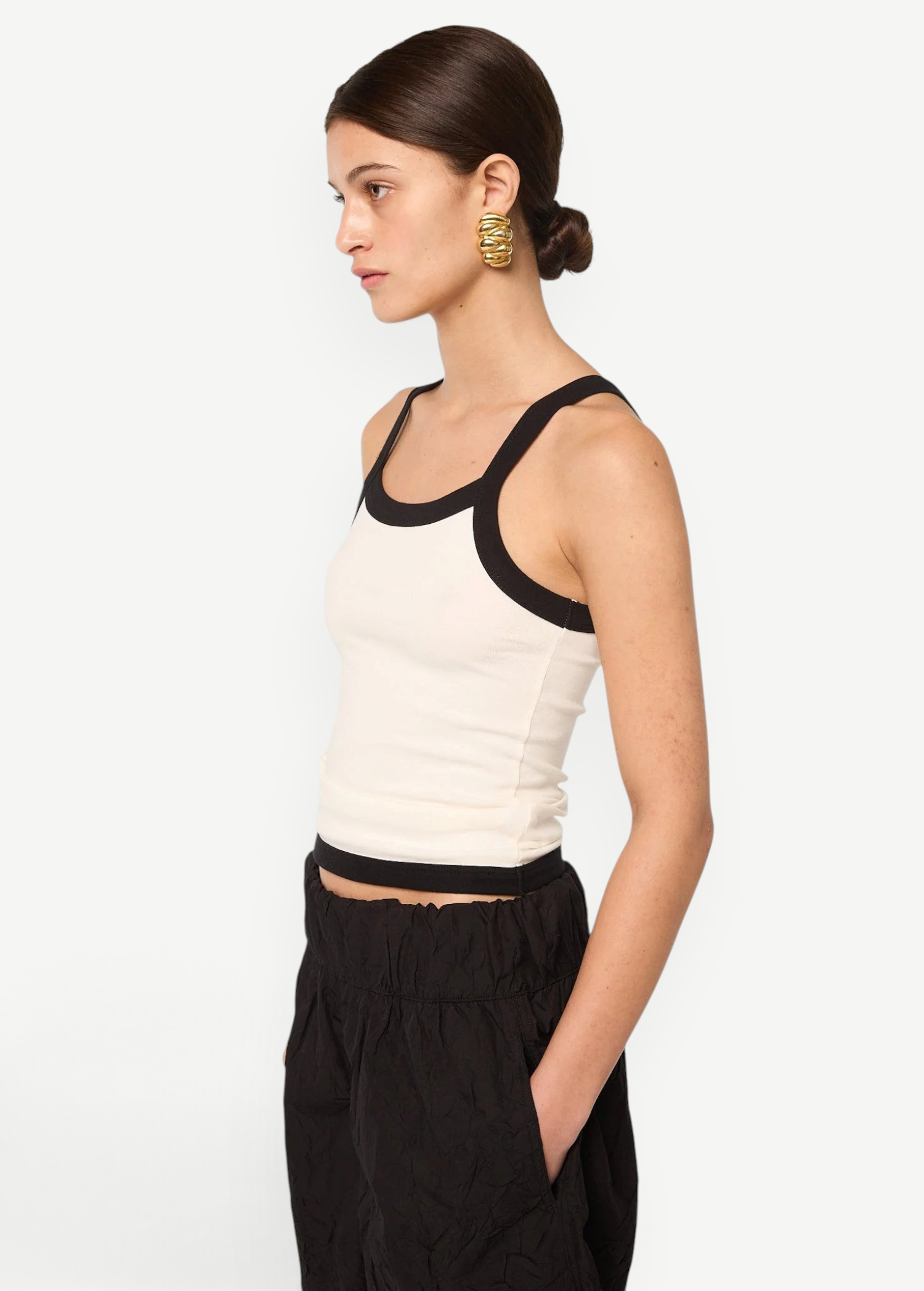 KABE SHOP INC Tovi tank top in cream stretch cotton rib with black trim, thick straps, and a curved hem