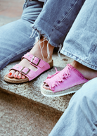 KABE SHOP INC two-band chew-colored suede sandals with turquoise studs and stone embroidery on an anatomical sole