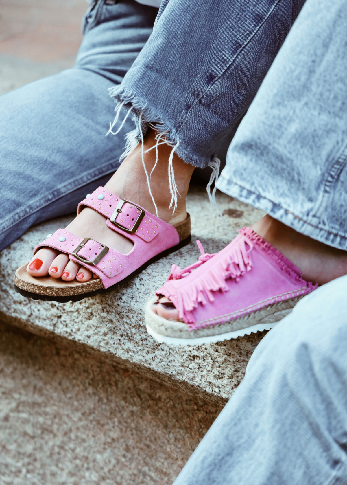 KABE SHOP INC two-band chew-colored suede sandals with turquoise studs and stone embroidery on an anatomical sole