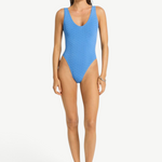 KABE SHOP INC Mara one-piece swimsuit in bright blue with a textured diamond pattern, V-neck, and high-cut leg.