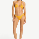 Model wearing KABE SHOP INC Sofie Tri yellow textured triangle bikini set with adjustable side ties