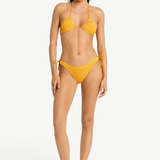Model wearing KABE SHOP INC Sofie Tri yellow textured triangle bikini set with adjustable side ties
