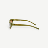 KABE SHOP INC Jacquemus Curvo cat-eye sunglasses in green acetate with brown lenses and gold branding, side view.