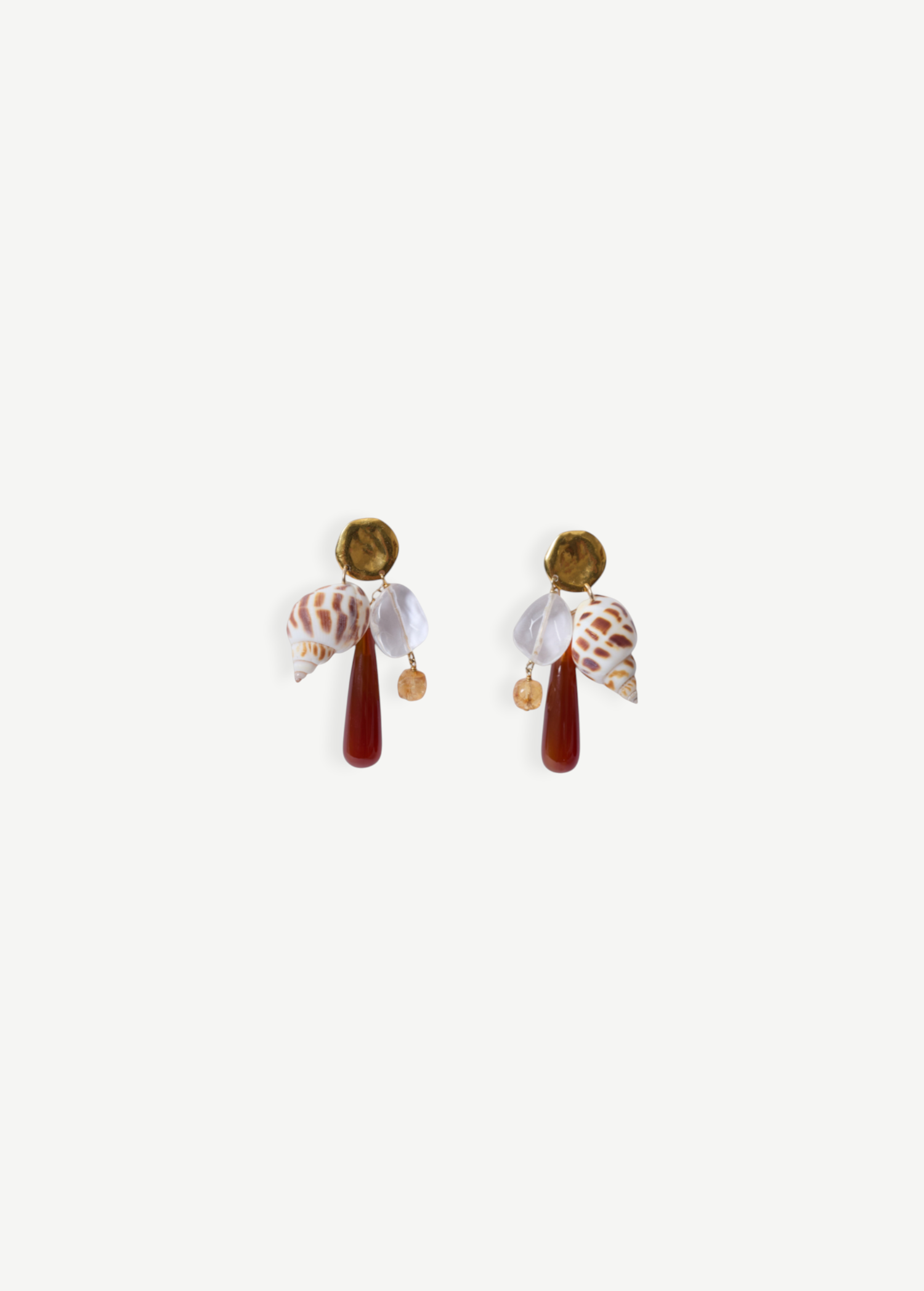 KABE SHOP INC Shell Earrings featuring natural shells, clear crystals, and teardrop gemstones on gold-tone studs.