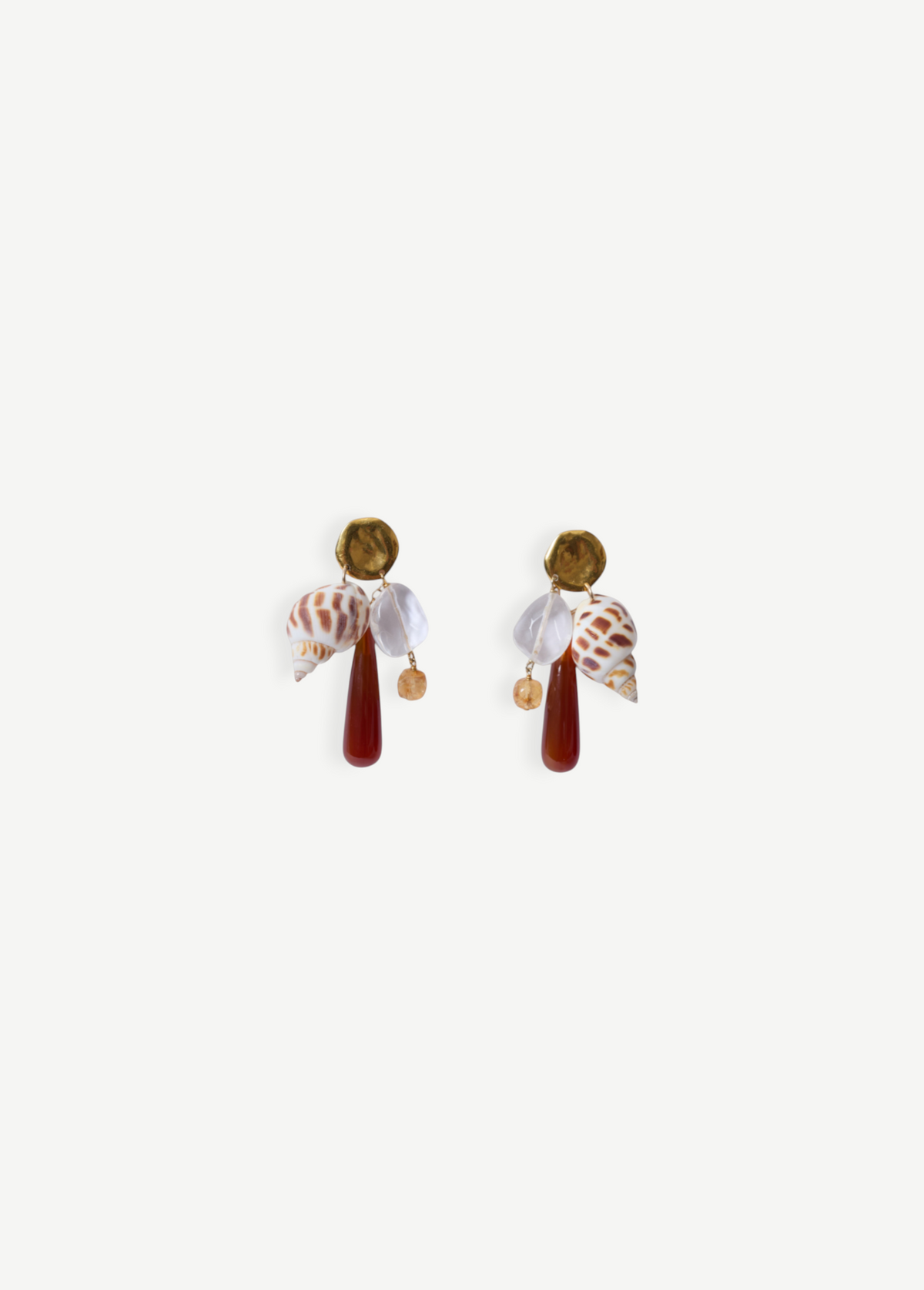 KABE SHOP INC Shell Earrings featuring natural shells, clear crystals, and teardrop gemstones on gold-tone studs.