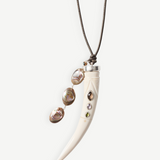 KABE SHOP INC bone pendant necklace with colorful stone inlays and a cascading abalone shell tassel on a cord
