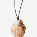 KABE SHOP INC butterfly shell necklace with whiskey quartz, baroque pearl, and adjustable brown leather cord.