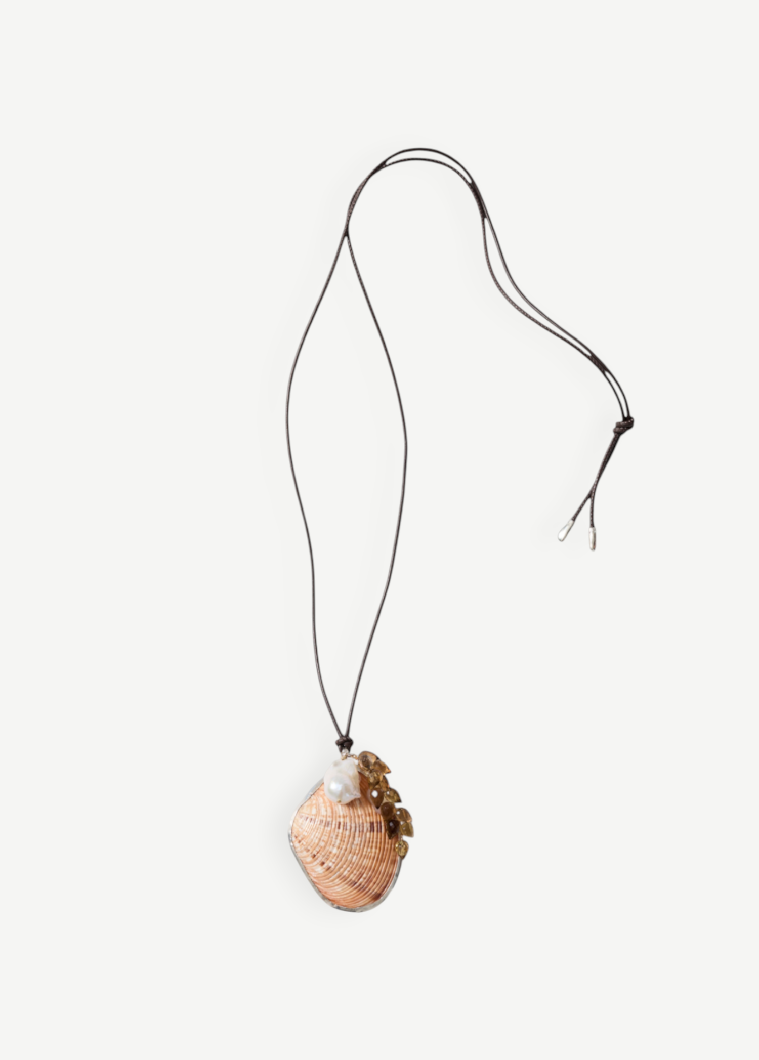 KABE SHOP INC Butterfly Shell Necklace with whiskey quartz, freshwater baroque pearl, and adjustable leather cord.