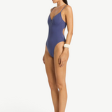 KABE SHOP INC Alana blue underwire one-piece swimsuit with a sleek, supportive fit and high-cut leg on a model.