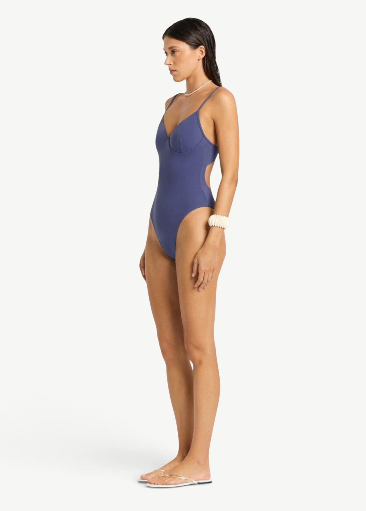 KABE SHOP INC Alana blue underwire one-piece swimsuit with a sleek, supportive fit and high-cut leg on a model.