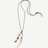 KABE SHOP INC bone pendant necklace with colorful stone inlays and a cascading abalone shell tassel on a brown cord.