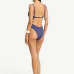 KABE SHOP INC Alana navy blue underwire one-piece swimsuit with a high-cut leg and open back view on a model