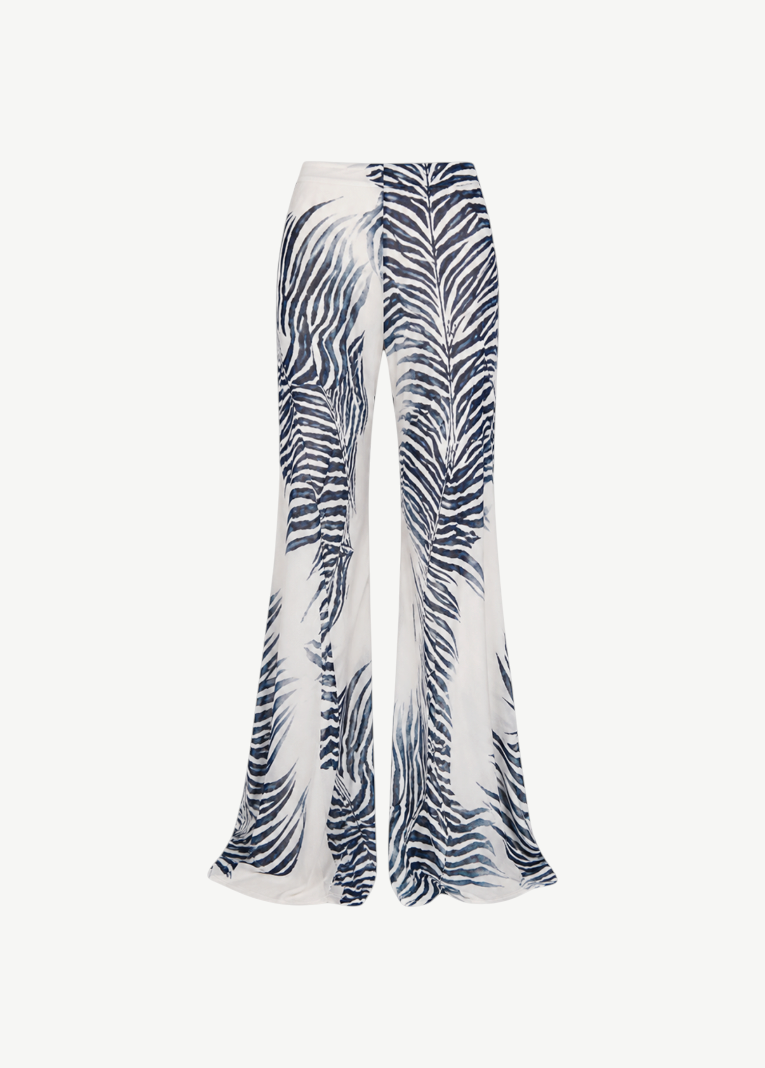 High-waisted, wide-leg Luma Trouser in white with a dark blue palm leaf print, crafted from lightweight viscose georgette.