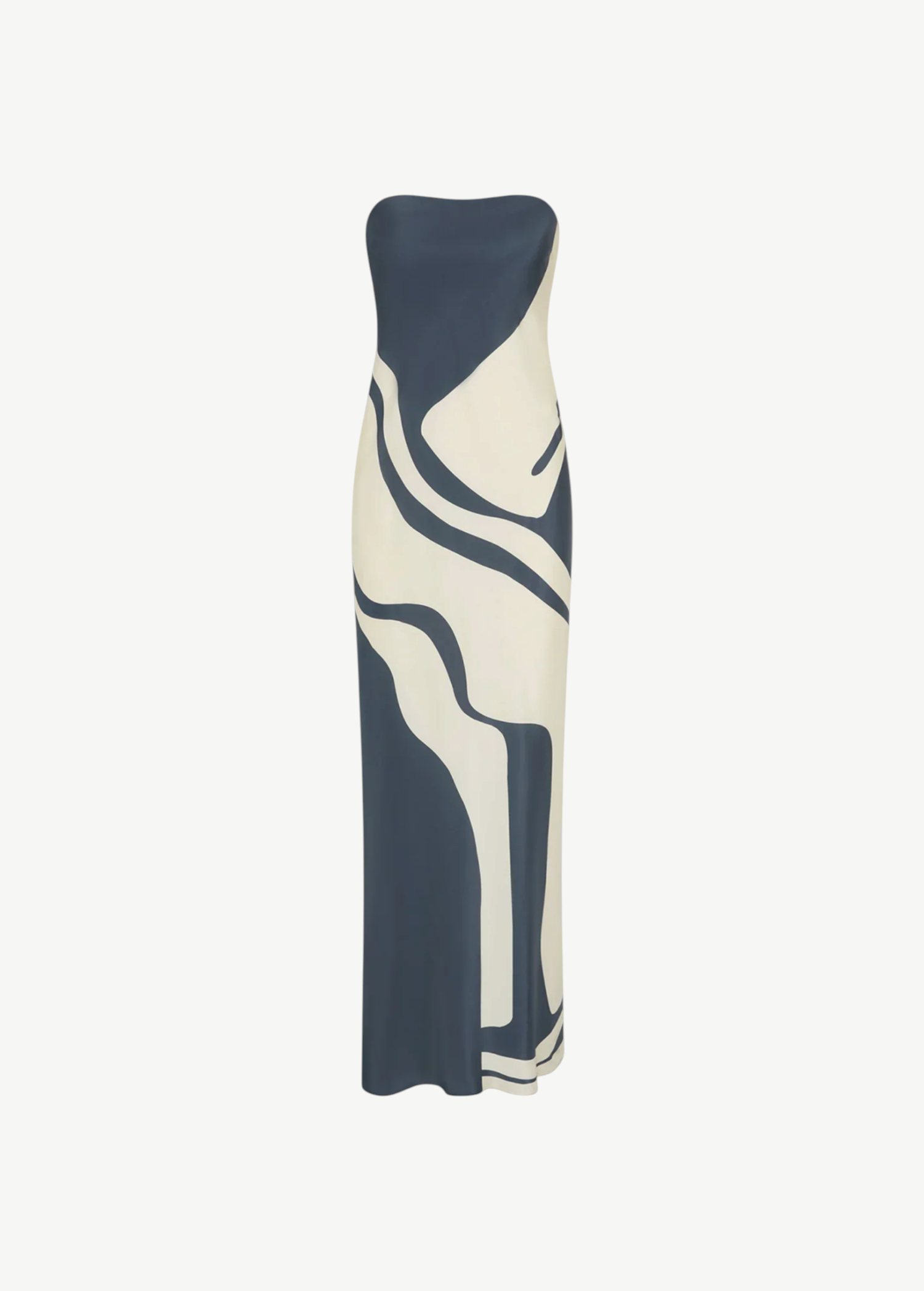 KABE SHOP INC Lilou strapless midi dress in silk with a fluid bias-cut silhouette and abstract navy and cream print.