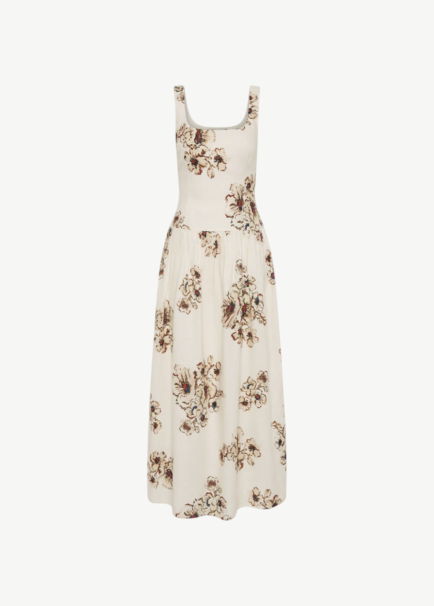 KABE SHOP INC Freja tiered midi dress in lightweight linen with a scoop neckline and exclusive floral print.