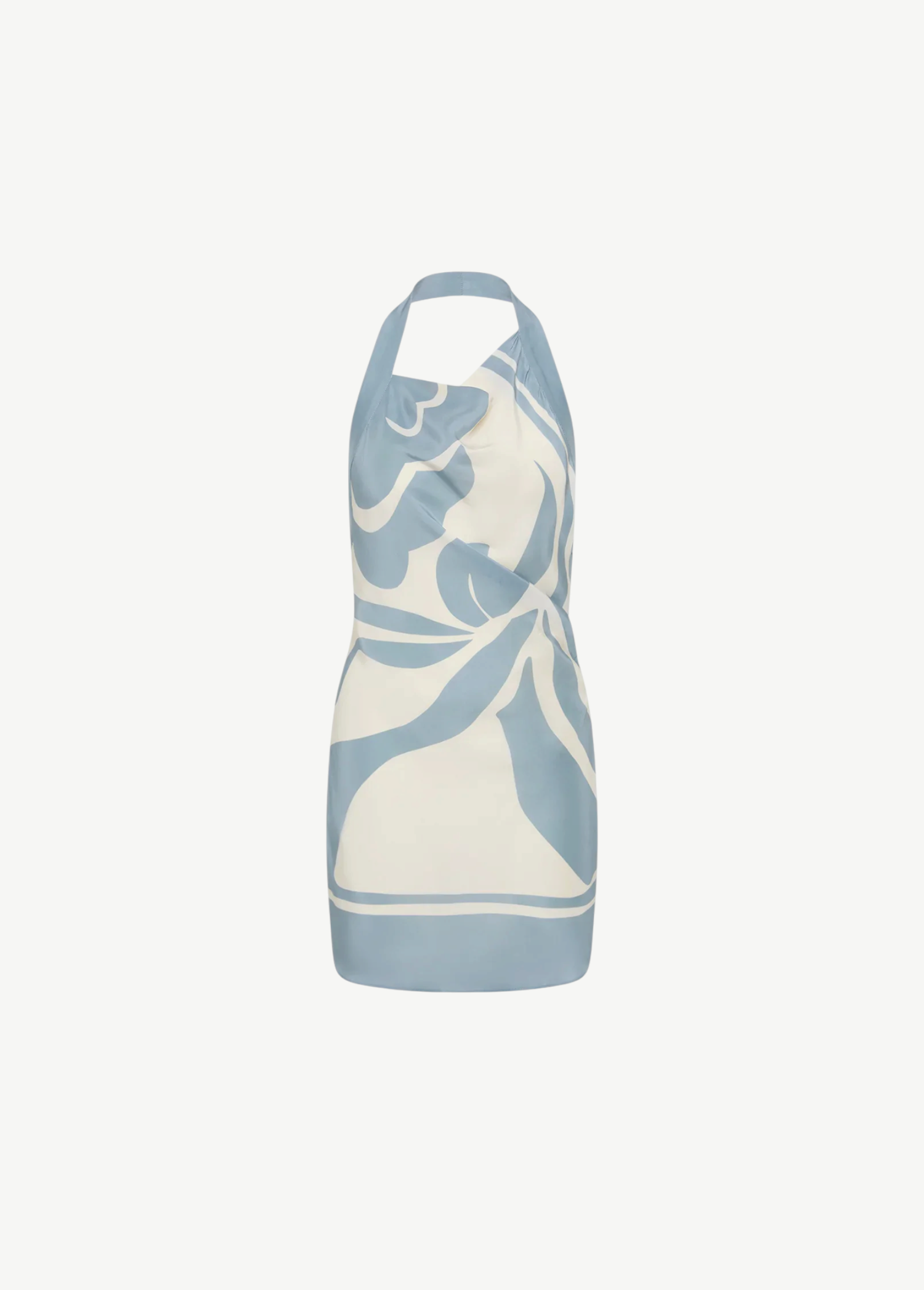 KABE SHOP INC Lilou halter mini dress in blue and cream silk with an abstract floral print and cowl neckline