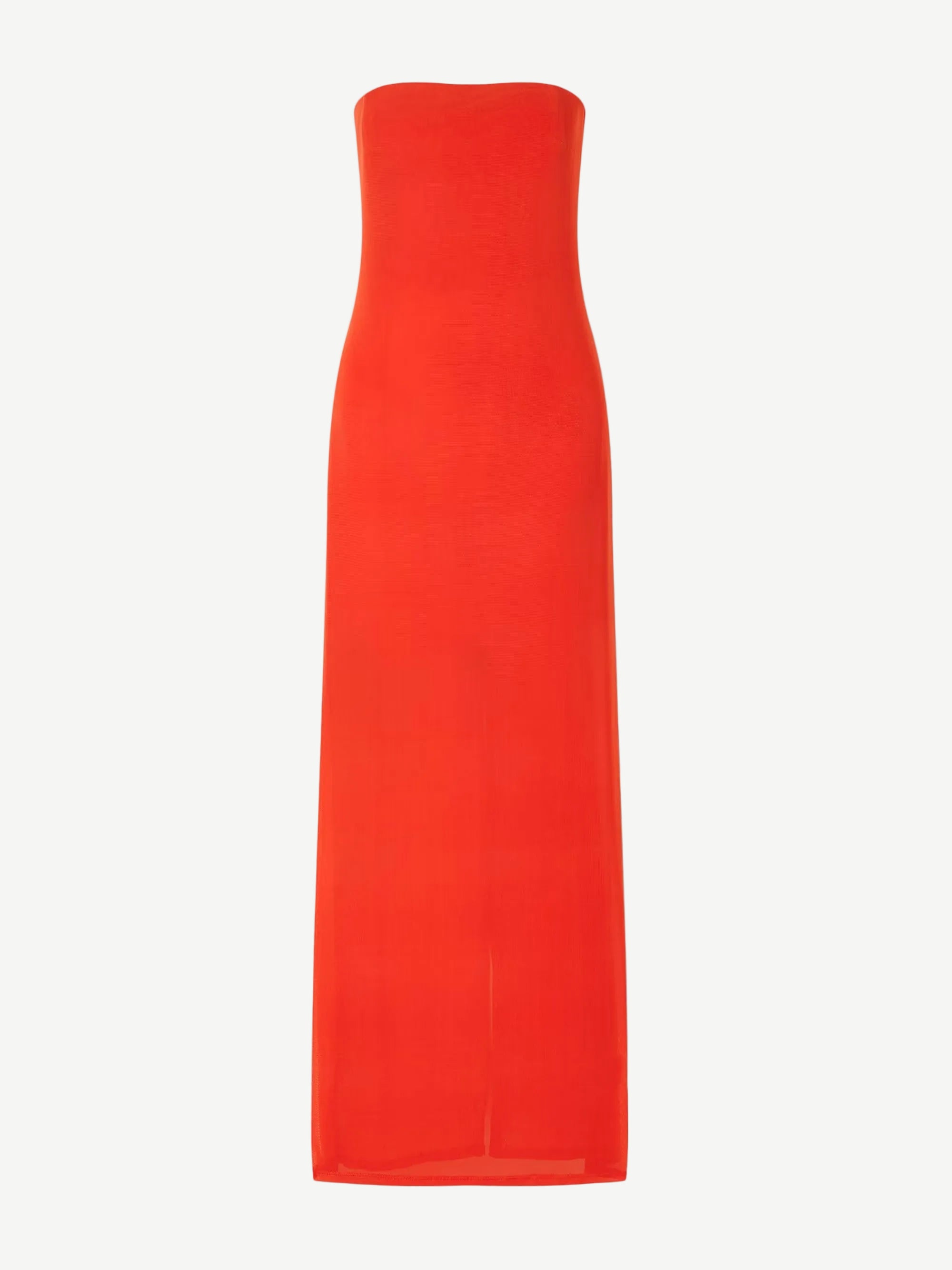 A vibrant red strapless Liliana Dress in a maxi length, perfect for evening dressing.