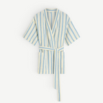 KABE SHOP INC Finn wrap tunic in cream with blue vertical stripes, featuring a belted waist and short sleeves.