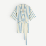 KABE SHOP INC Finn wrap tunic in cream with blue vertical stripes, featuring a belted waist and short sleeves.