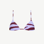 Introducing the Equator Top—a triangle bikini top with thin straps, featuring a white base adorned with dark red zebra-like stripes. Crafted from eco-friendly swimwear materials using ECONYL regenerated polyamide, the Equator Top is both stylish and sustainable.