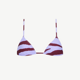 Introducing the Equator Top—a triangle bikini top with thin straps, featuring a white base adorned with dark red zebra-like stripes. Crafted from eco-friendly swimwear materials using ECONYL regenerated polyamide, the Equator Top is both stylish and sustainable.