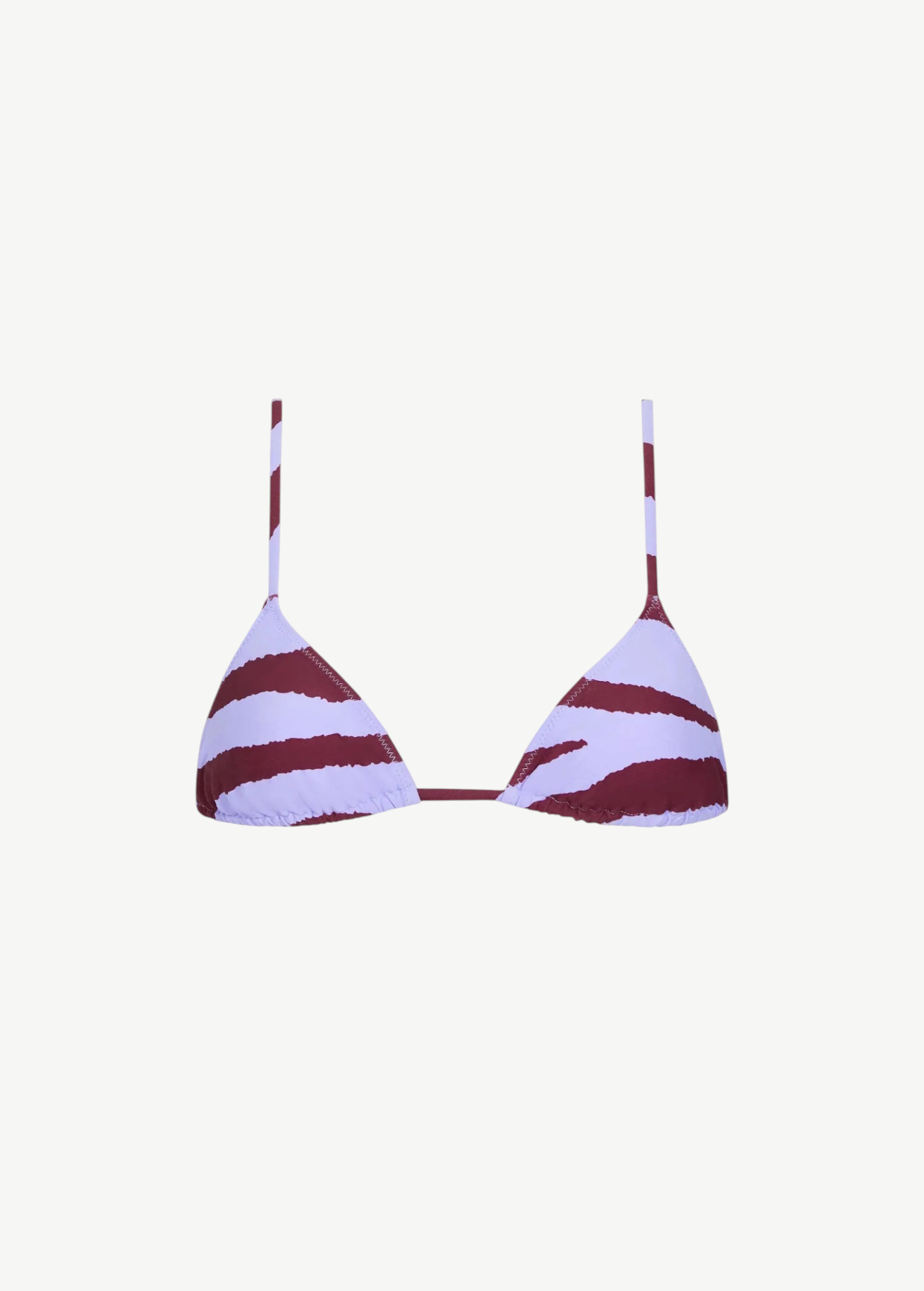 Introducing the Equator Top—a triangle bikini top with thin straps, featuring a white base adorned with dark red zebra-like stripes. Crafted from eco-friendly swimwear materials using ECONYL regenerated polyamide, the Equator Top is both stylish and sustainable.
