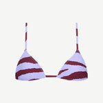 Introducing the Equator Top—a triangle bikini top with thin straps, featuring a white base adorned with dark red zebra-like stripes. Crafted from eco-friendly swimwear materials using ECONYL regenerated polyamide, the Equator Top is both stylish and sustainable.