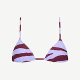 Introducing the Equator Top—a triangle bikini top with thin straps, featuring a white base adorned with dark red zebra-like stripes. Crafted from eco-friendly swimwear materials using ECONYL regenerated polyamide, the Equator Top is both stylish and sustainable.