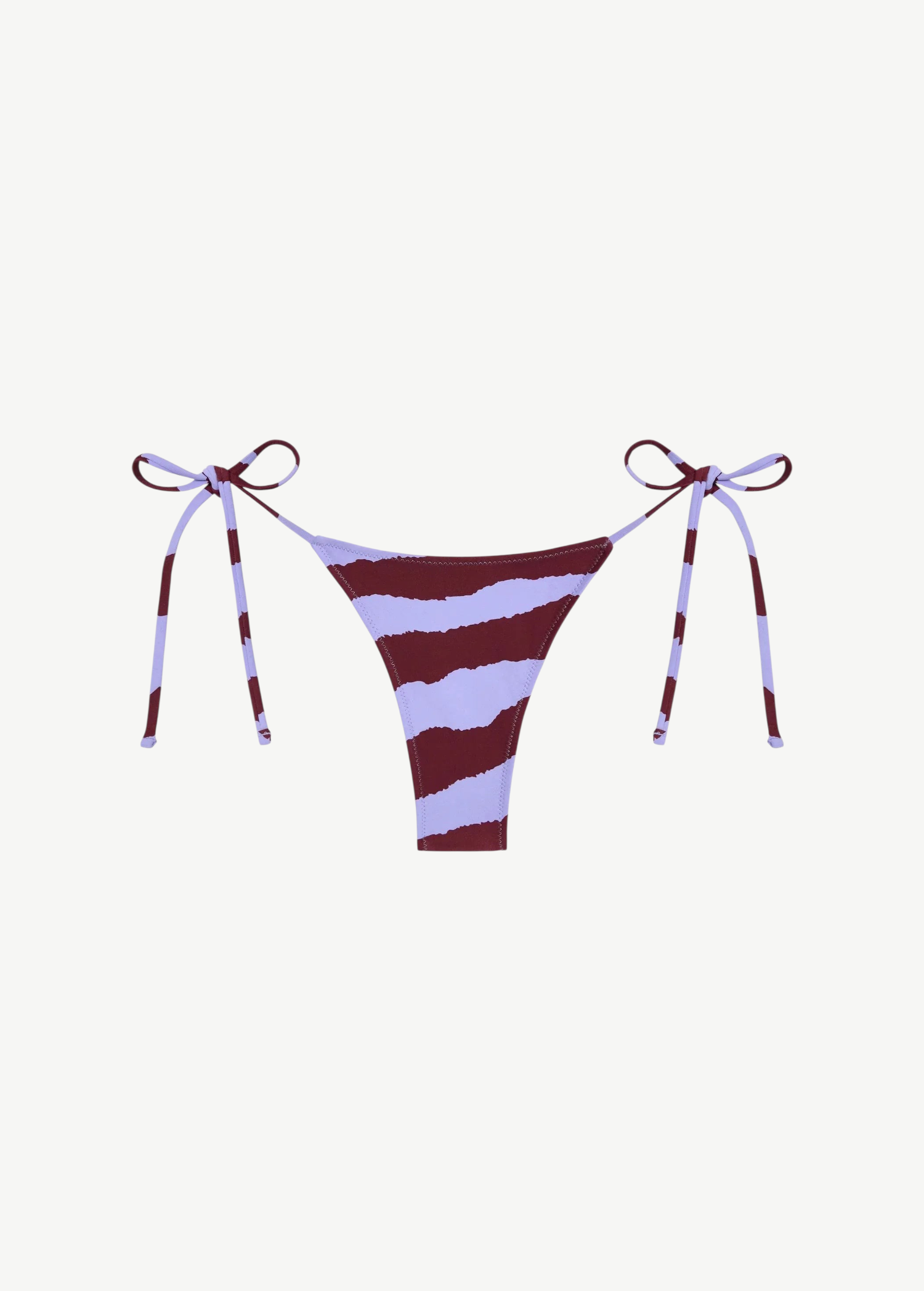 Introducing the Praia Bottom: a bikini bottom with maroon and light purple diagonal stripes, featuring adjustable side ties with bows on both hips, crafted from our eco-friendly Peach Perfect swimwear fabric.