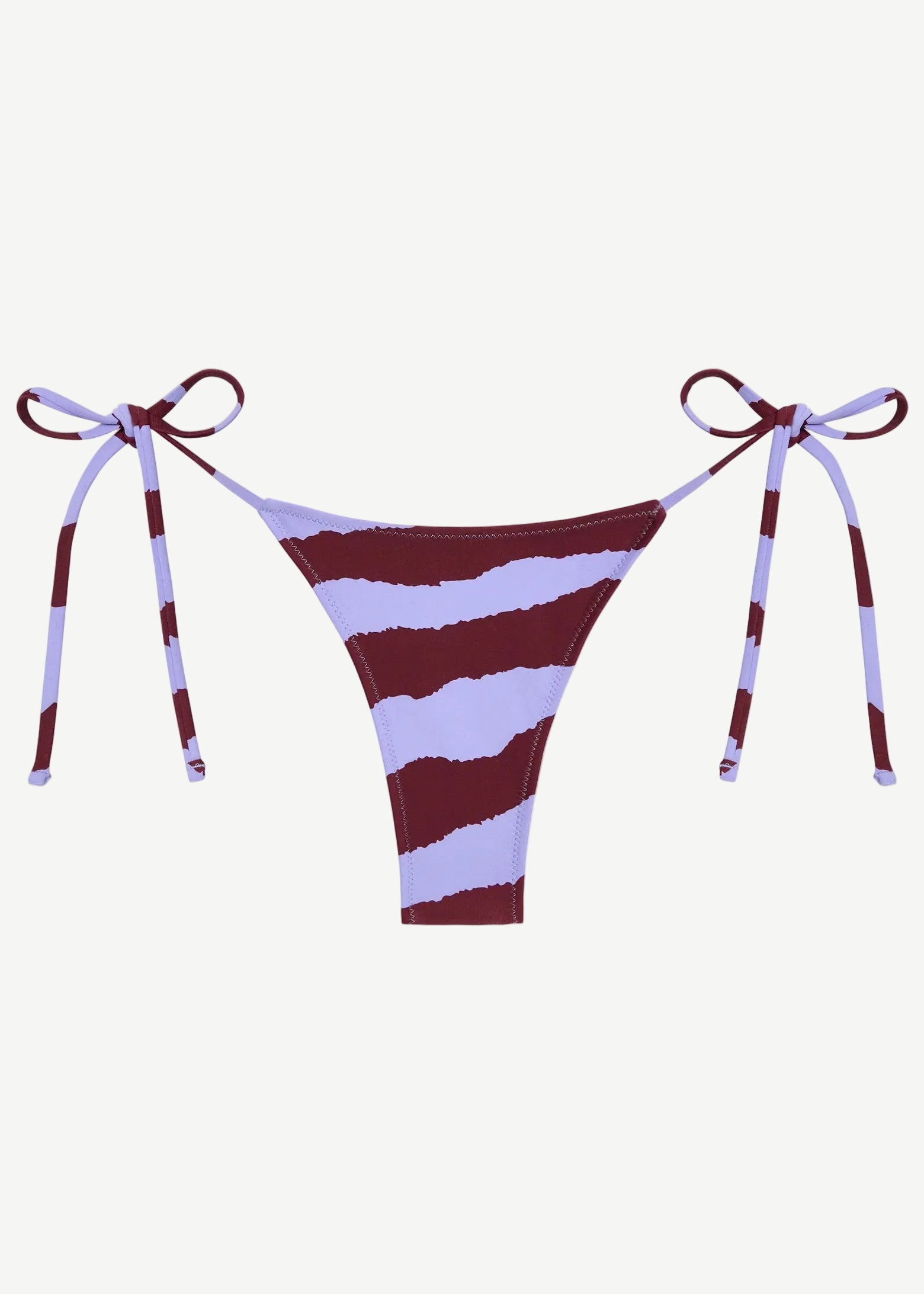 Introducing the Praia Bottom: a bikini bottom with maroon and light purple diagonal stripes, featuring adjustable side ties with bows on both hips, crafted from our eco-friendly Peach Perfect swimwear fabric.